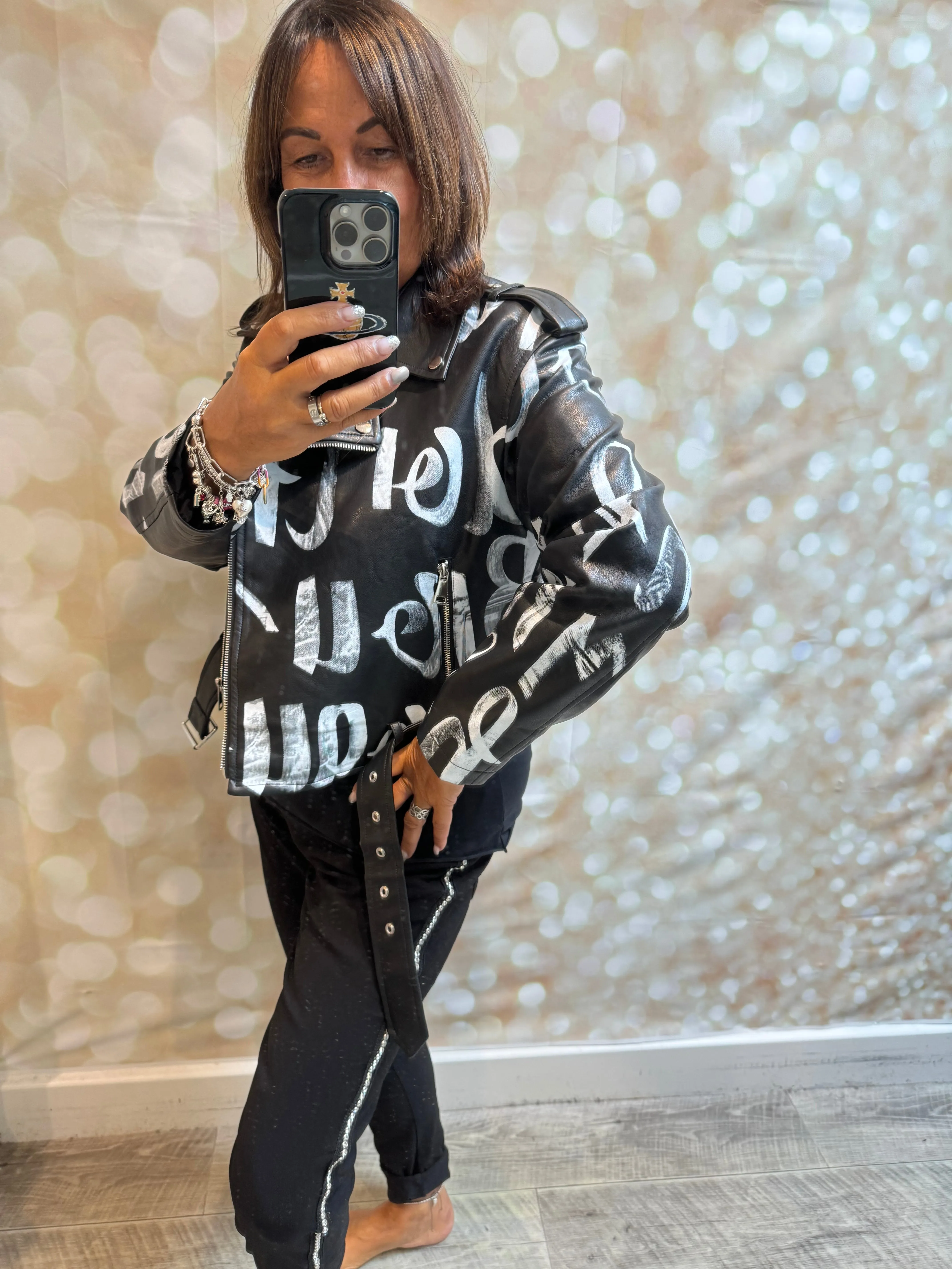 Graffiti Faux leather Biker Jacket