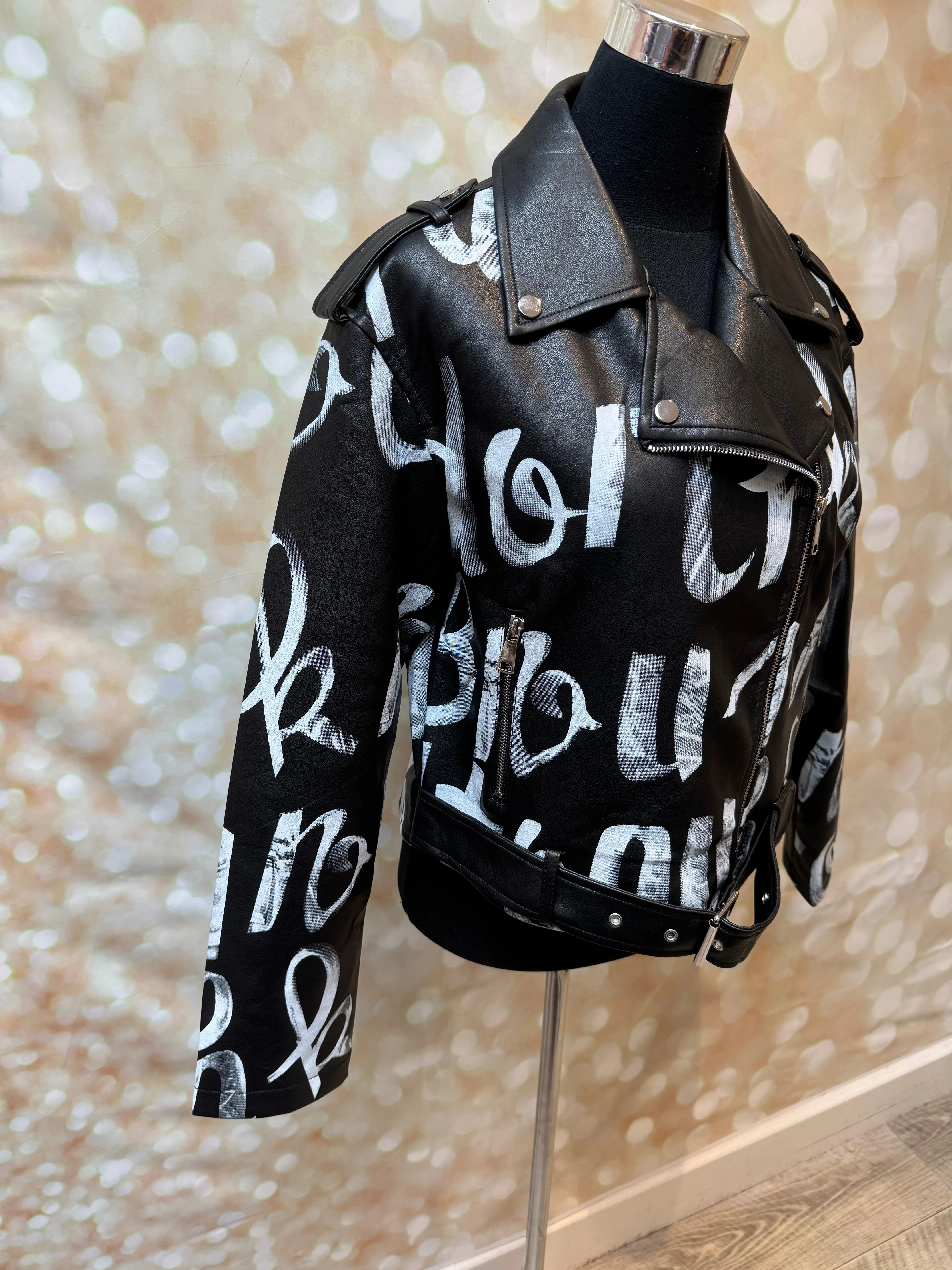 Graffiti Faux leather Biker Jacket