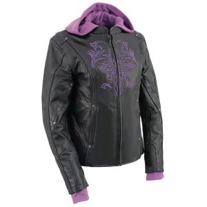 Purple ML2067 Women's 3/4 Black and Purple Leather Hoodie Jacket with Reflective Tribal Design