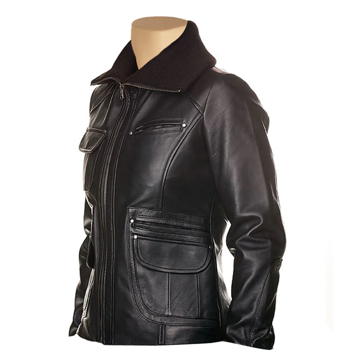 Women's Deborah Black Leather Jacket with 6 pockets